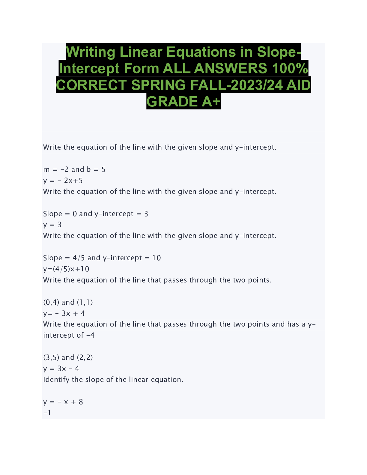 Preview image for Writing Linear Equations in Slope-Intercept Form ALL ANSWERS 100% CORRECT SPRING FALL-2023/24 AID GRADE A+